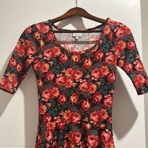 Red, floral dress.
